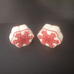 Festive Red & White Salt & Pepper Shakers with Red Snowflakes on front & back